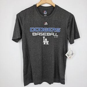 Majestic Dodgers Baseball Graphic Tee - Charcoal Gray with Blue & White Logo L.